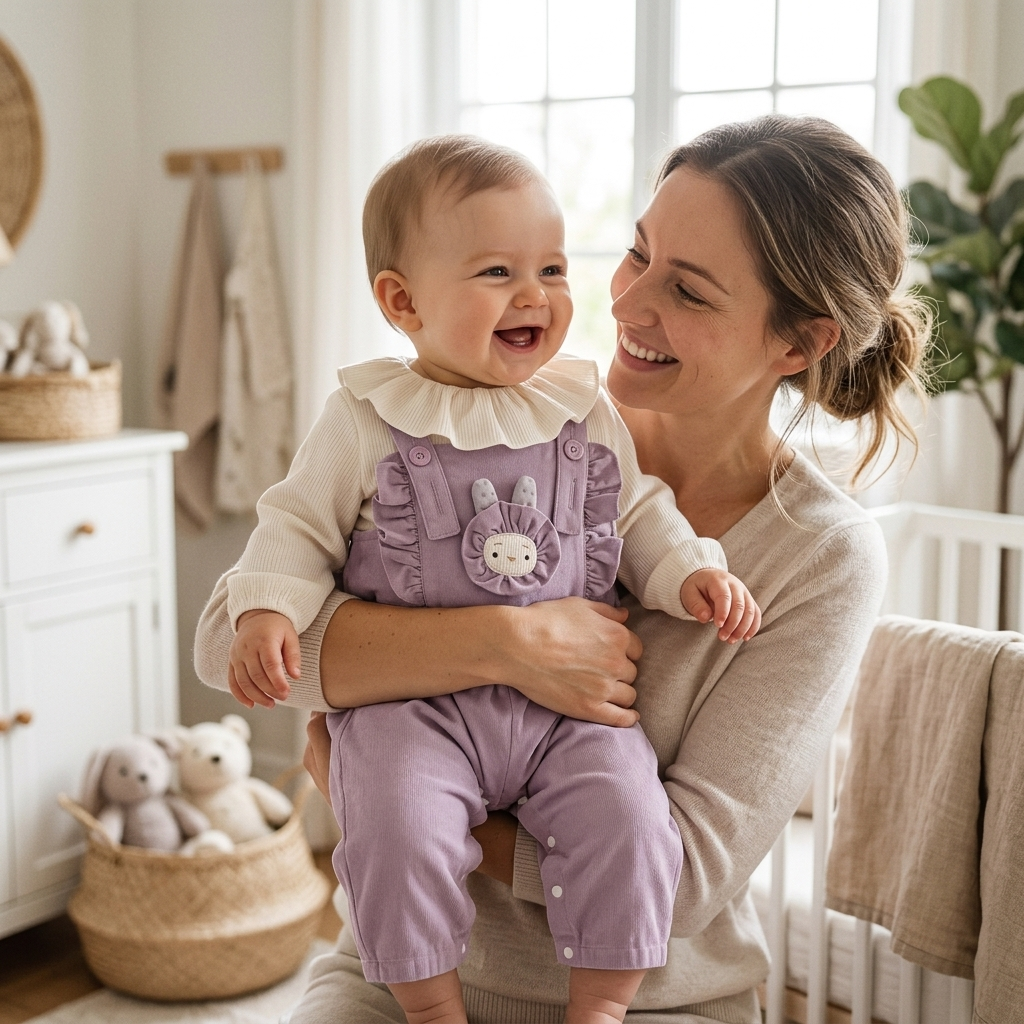 Mother holding her baby who is wearing a Mimou lavender bunny dungaree set — which baby clothes to buy organic