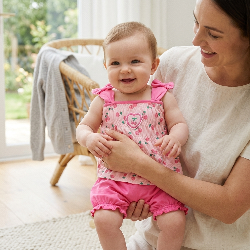Mother holding her baby in a Mimou cherry heart smocked set with a light cardigan nearby — dressing baby for end of summer transitional layers