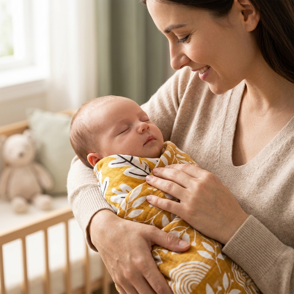 Mother cradling her newborn softly wrapped in a Mimou botanical muslin swaddle — how to swaddle a newborn step by step