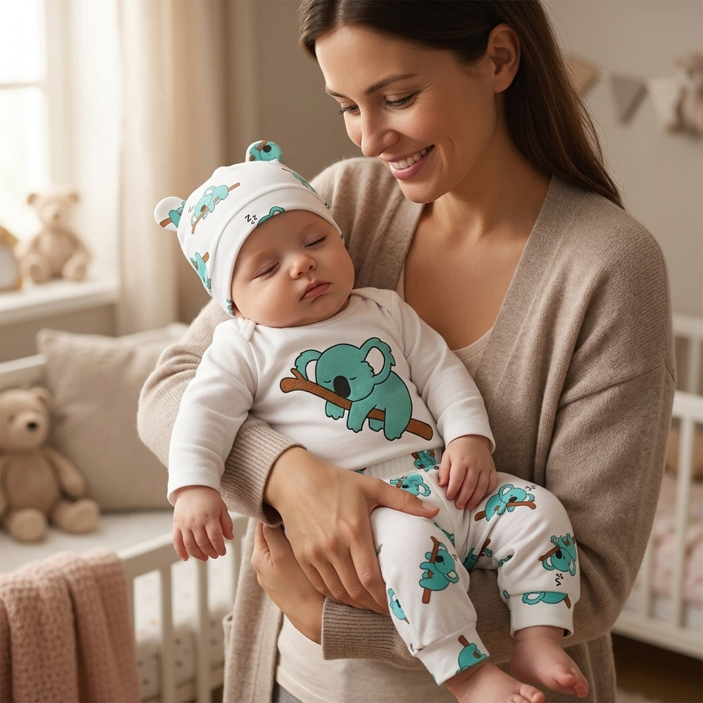 Mother holding her drowsy baby in a Mimou little koala long-sleeve set at bedtime — transitioning out of the swaddle to a sleep sack