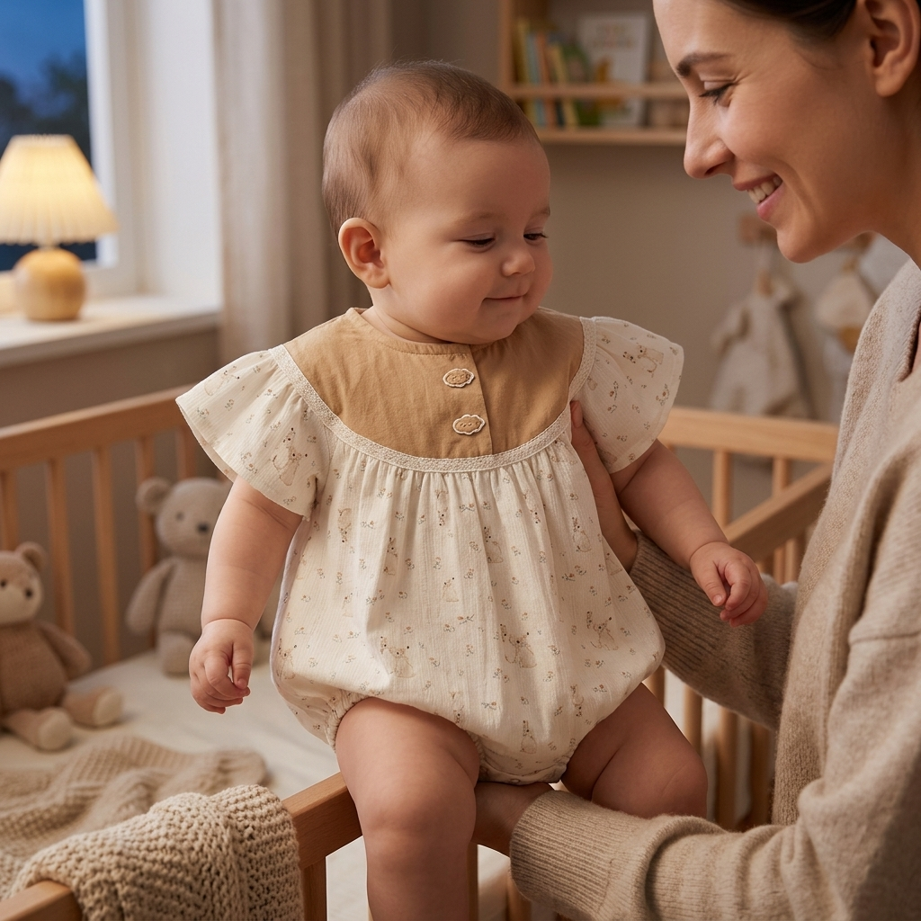 Mother holding her baby in a Mimou bunny print romper beside a cot at bedtime — baby room temperature and sleep layers guide