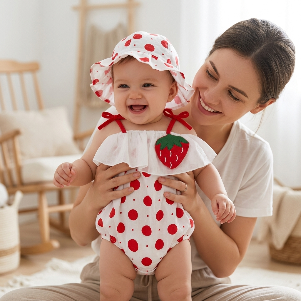 Mother holding her baby in a Mimou strawberry polka dot romper and bucket hat — when to move up a baby clothing size