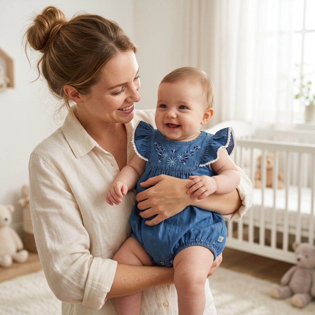 Mother holding her baby in a Mimou embroidered denim flutter romper — US vs UK vs EU baby clothes size conversion guide