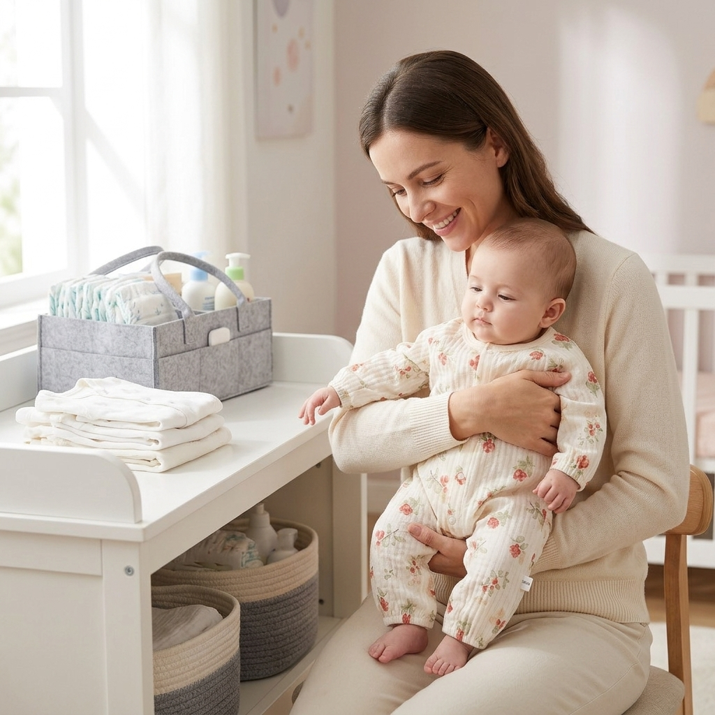 Mother beside a tidy organised changing table holding her baby in a Mimou berry print muslin romper — how to set up a baby changing station