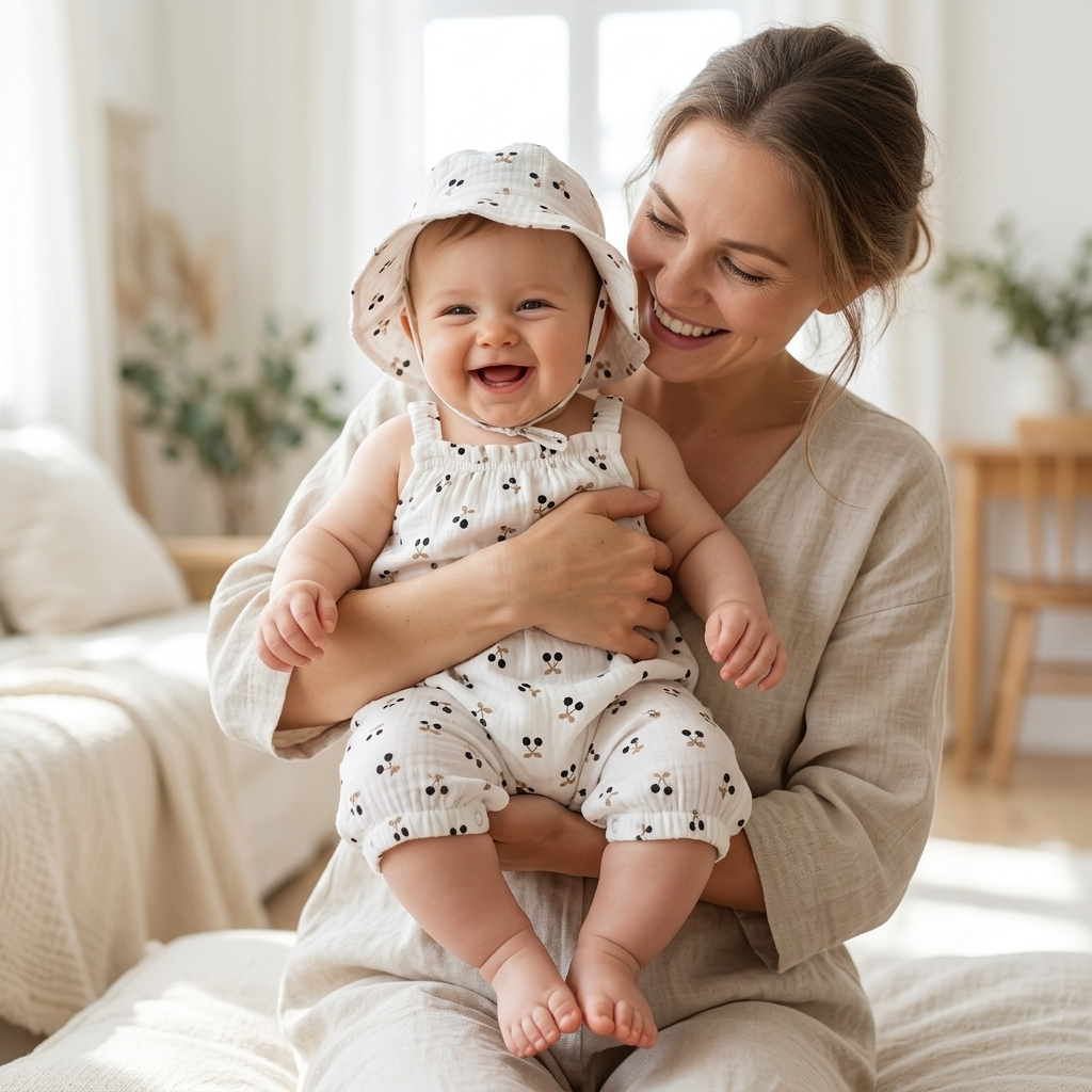 Mother holding her baby in a Mimou black cherry print romper and bucket hat — baby's first shoes when to buy and how to choose