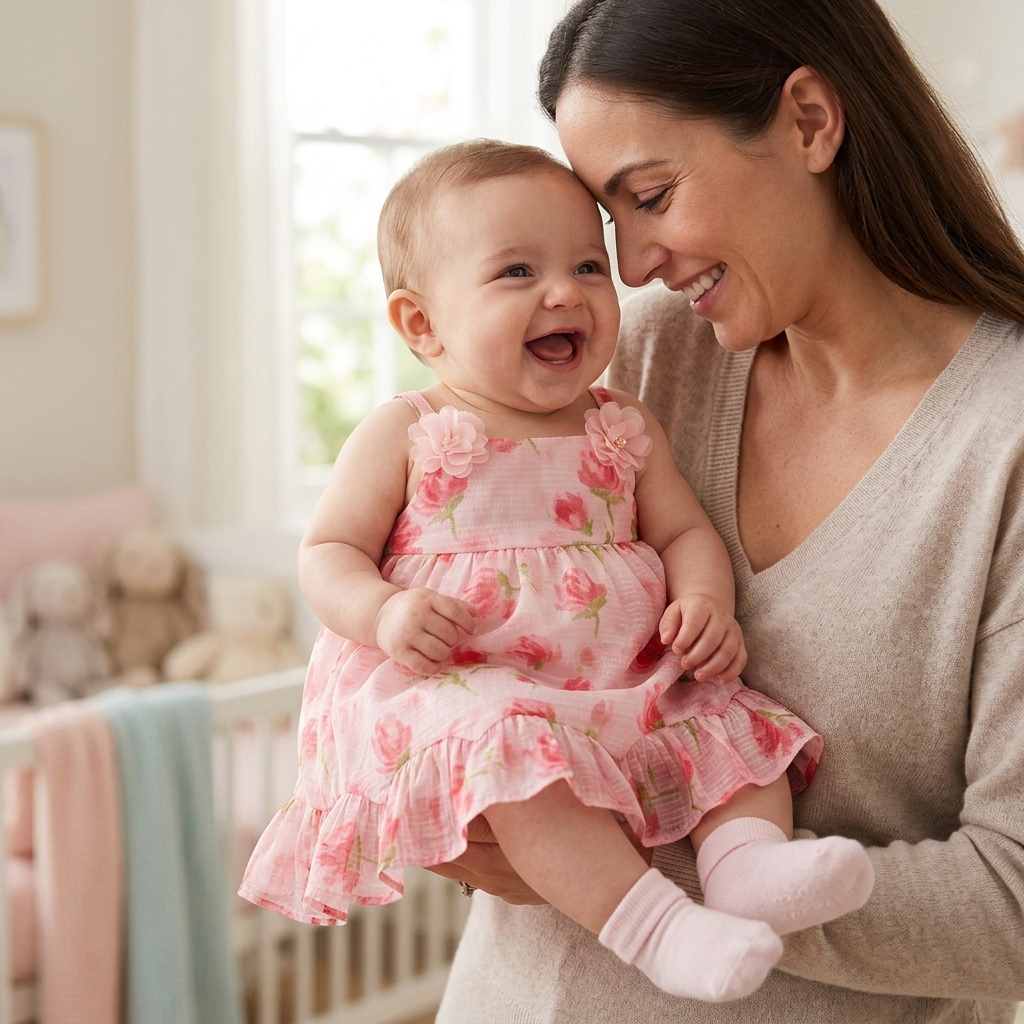Mother cradling her baby in a Mimou watercolour rose ruffle dress with soft socks on tiny feet — baby socks and booties before walking