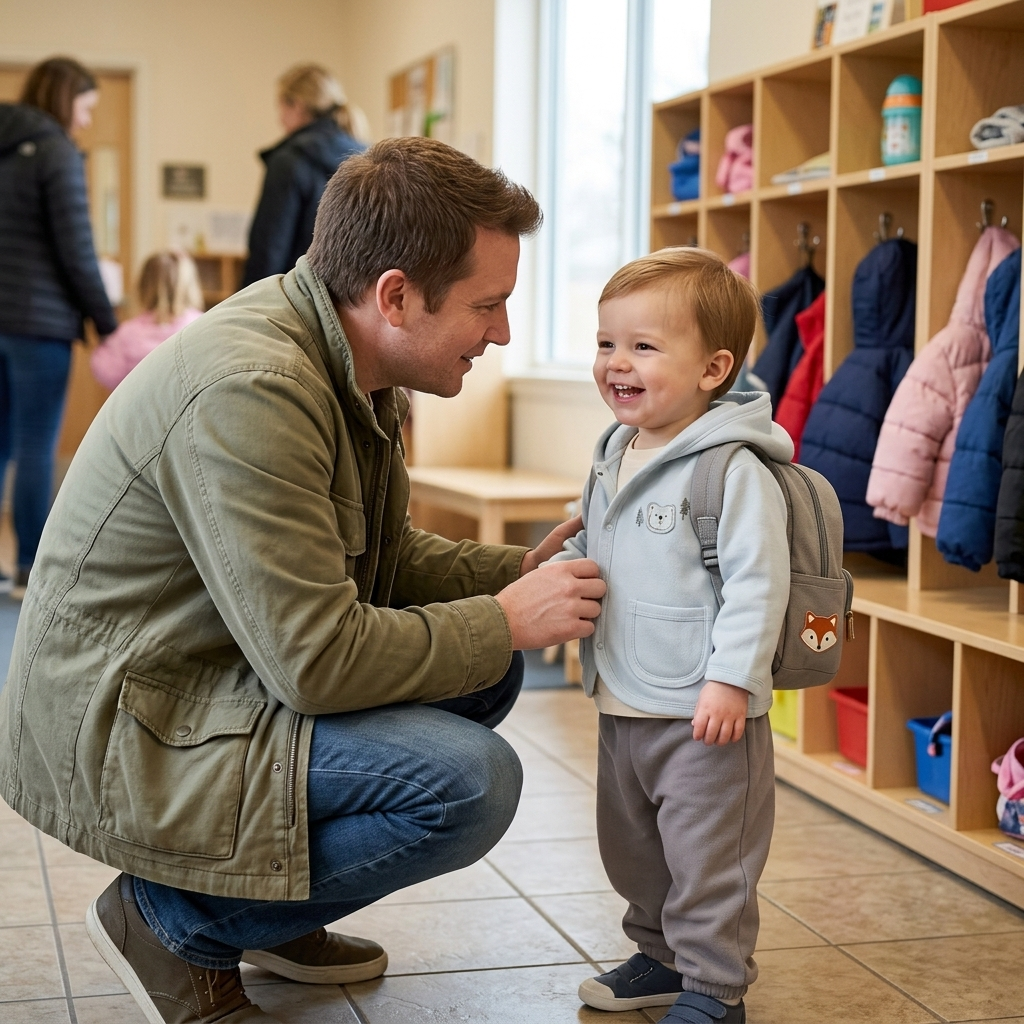 Father saying goodbye to his toddler in a Mimou little forest bear set at daycare drop-off — baby daycare clothing checklist