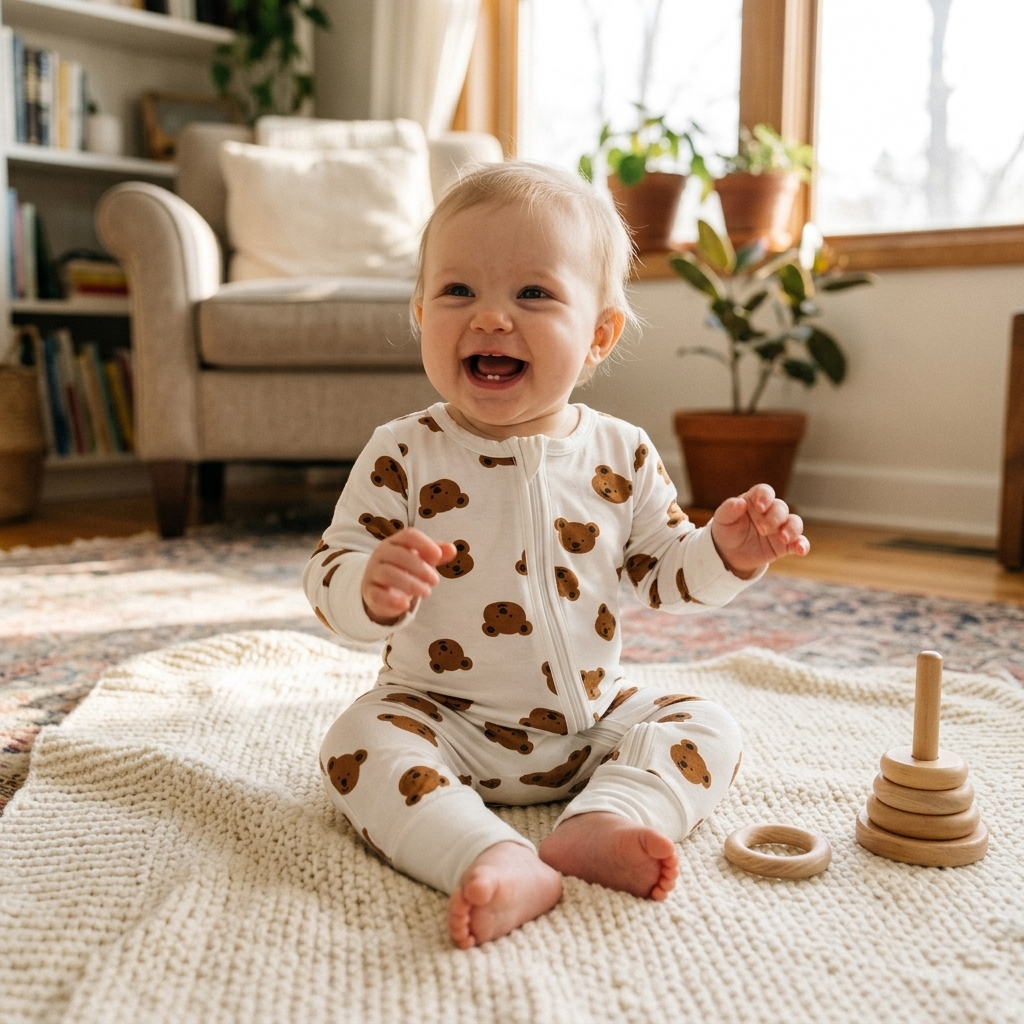 Baby in a soft long-sleeve bamboo romper sitting on a cream blanket