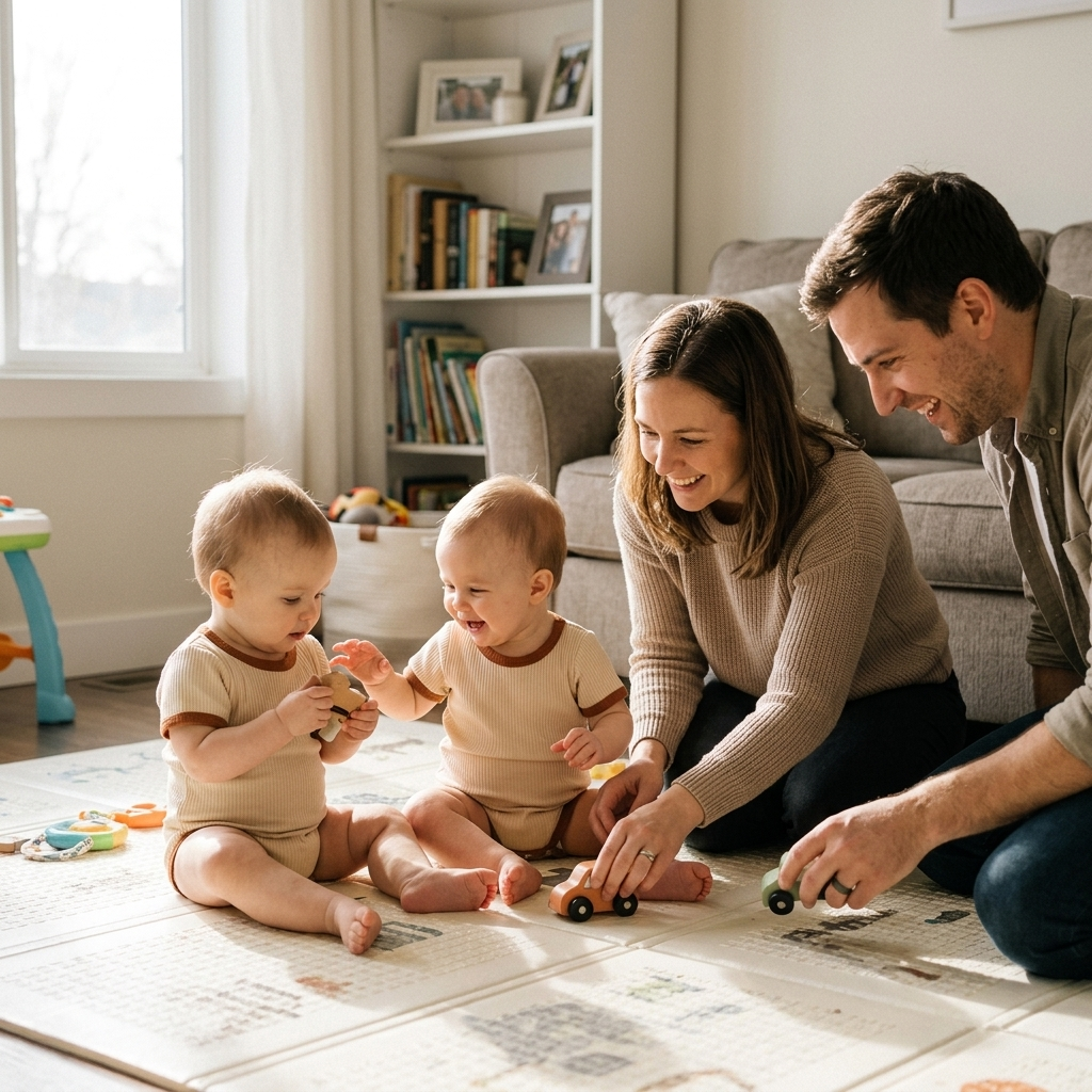Twin babies in matching cotton bodysuits playing with their parents at home