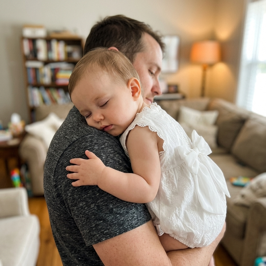 Baby resting on a parent's shoulder in a plain white soft cotton romper