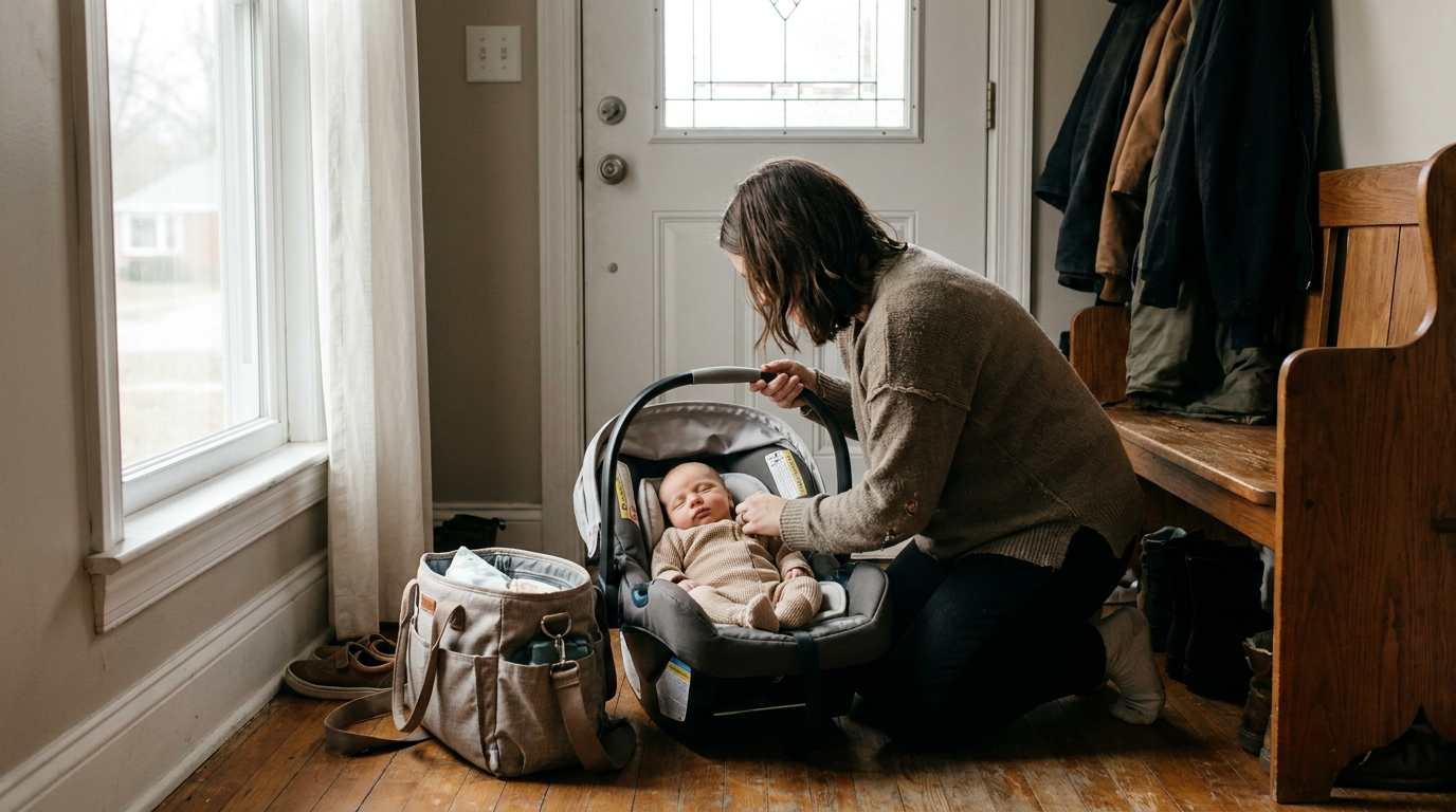 Newborn baby in a soft going-home outfit ready to leave the hospital