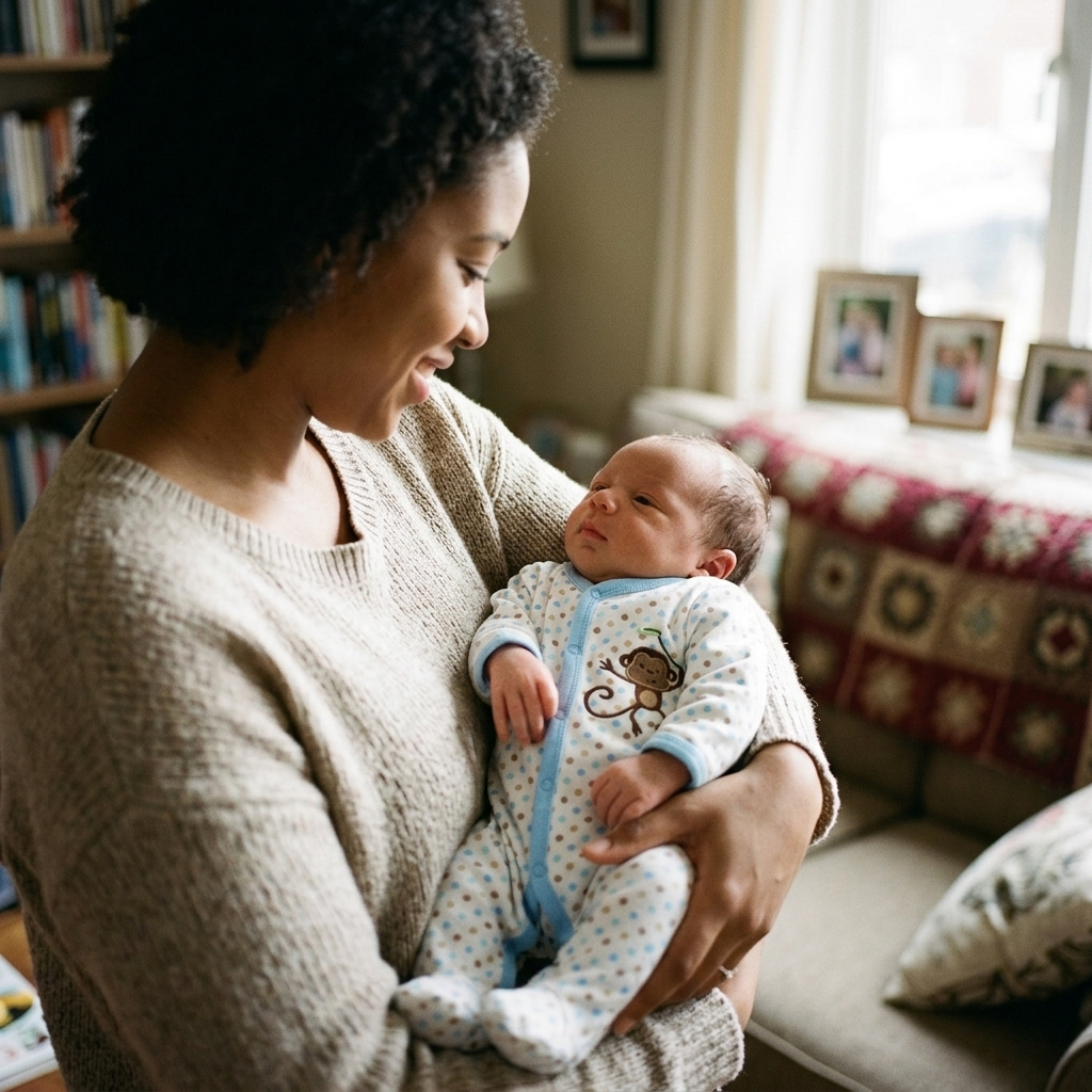 Newborn baby in a soft button-front cotton sleepsuit held by a parent