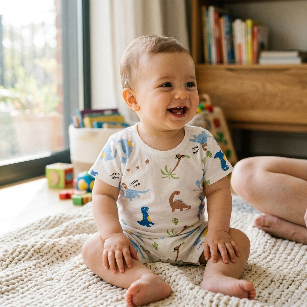 Baby sitting up in a short-sleeve cotton bodysuit