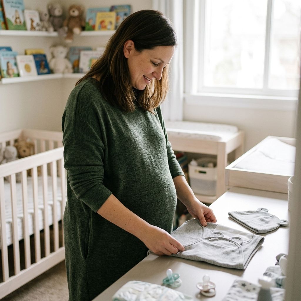 Pregnant woman folding a newborn swaddle and hat set in a nursery