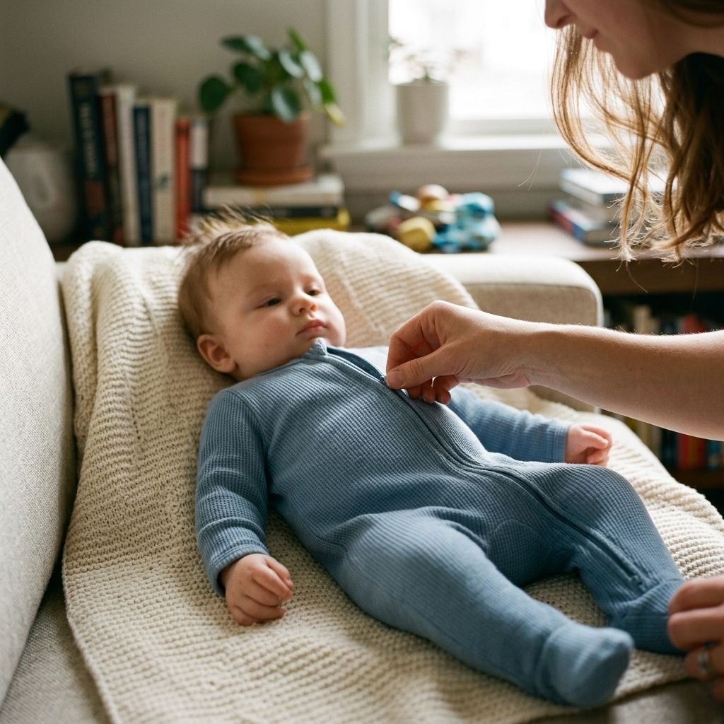 Parent doing up the front zip on a baby's soft footed sleepsuit