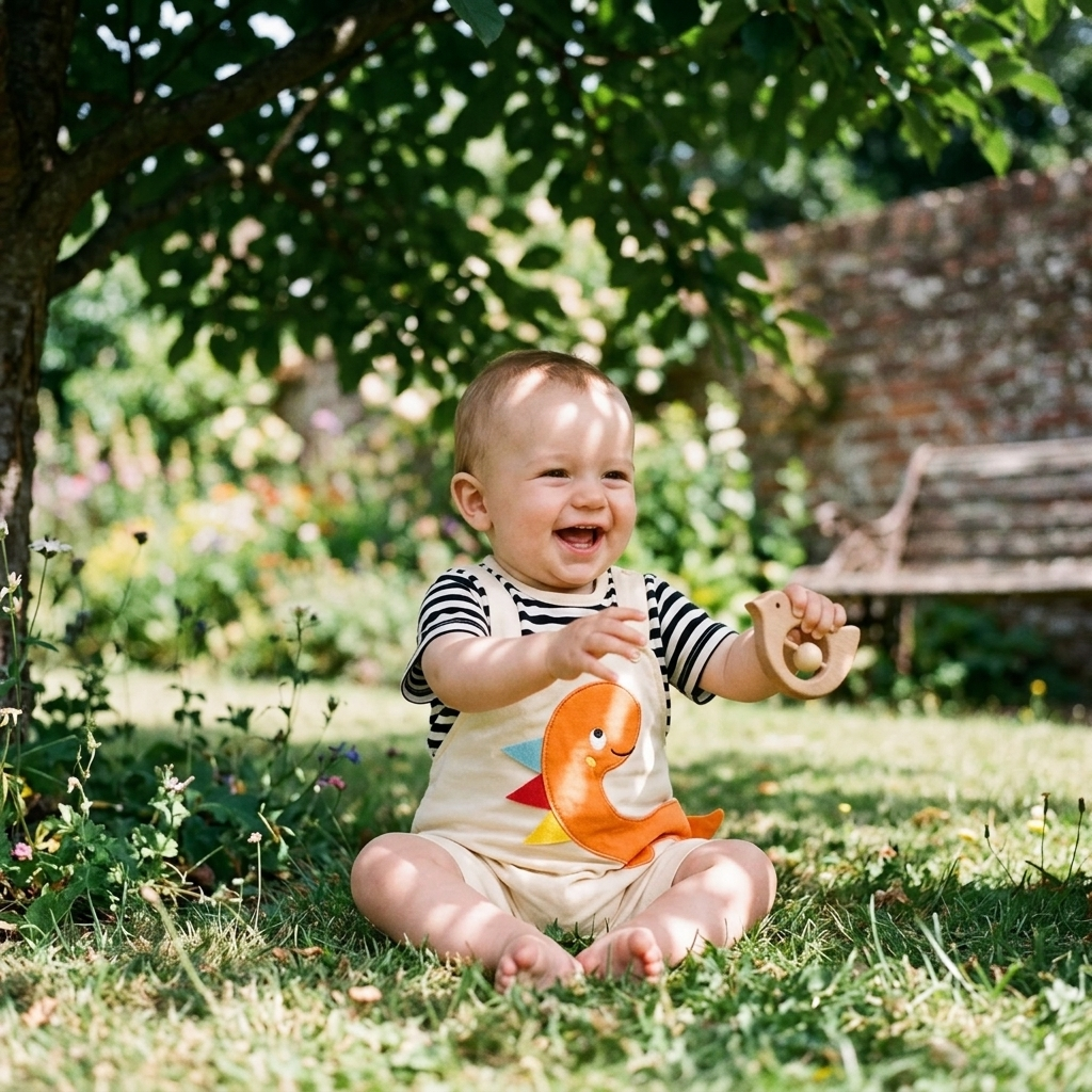 Baby in a lightweight summer romper sitting in cool shade in a garden
