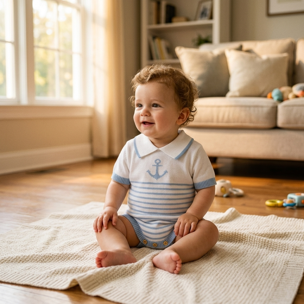 Baby in a soft knitted sailor-collar cotton romper sitting on a blanket