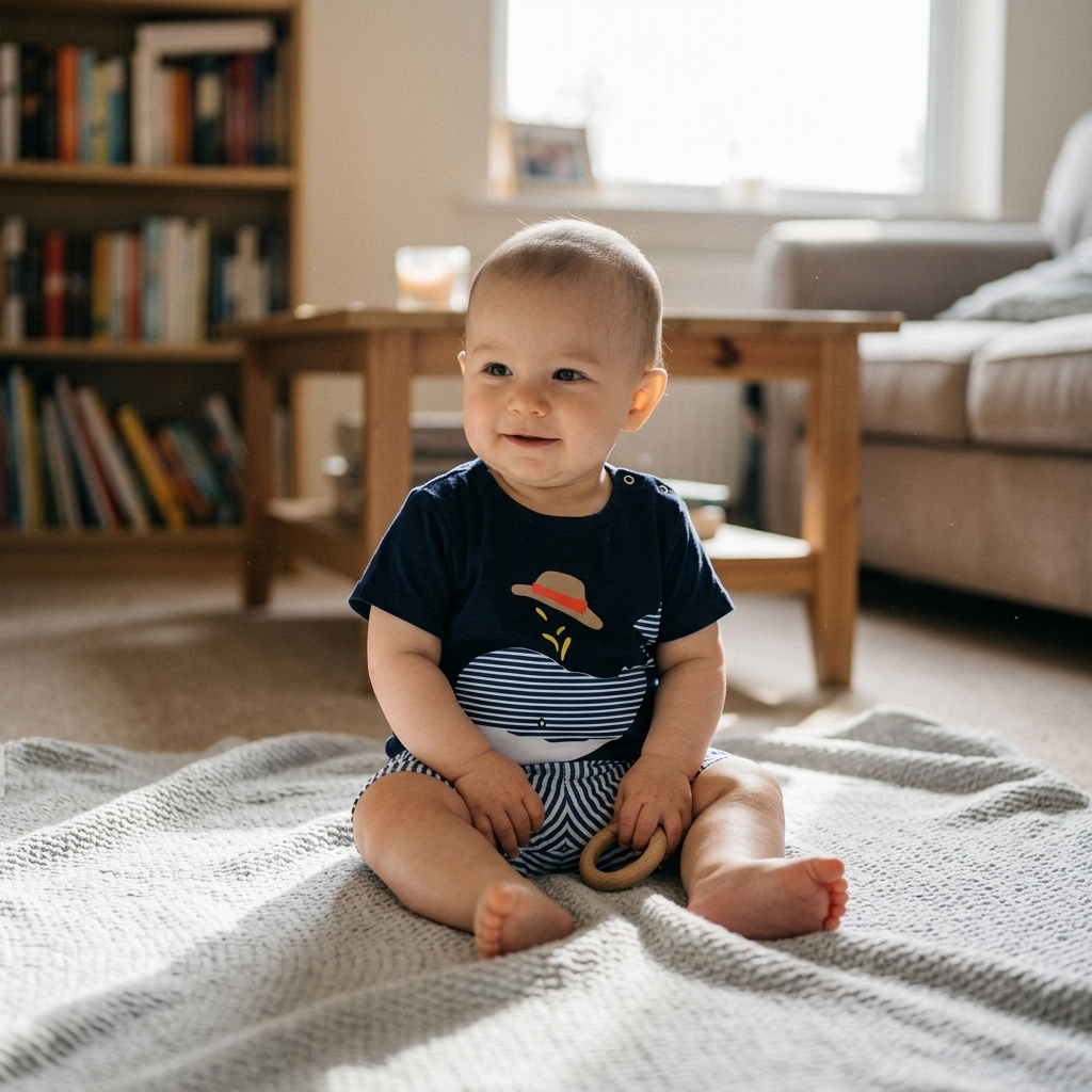 Content baby in a soft two-piece cotton outfit on a freshly-laundered blanket