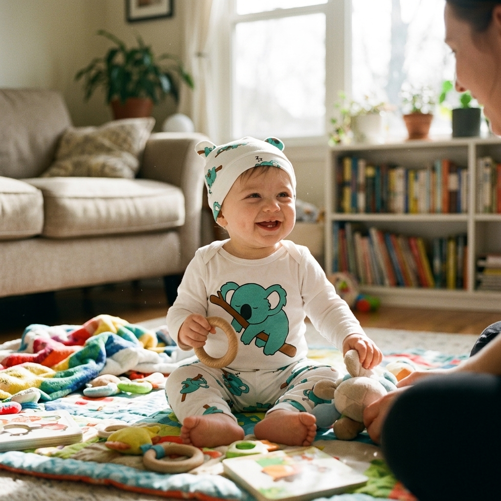 Happy baby in a soft cotton bodysuit and trousers set on a play mat