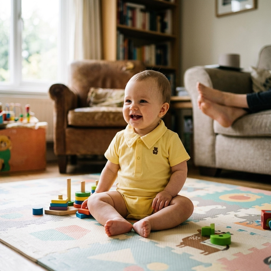 Happy baby in a soft cotton polo bodysuit on a play mat