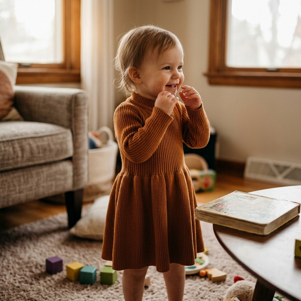 Baby girl in a soft knitted collared dress in a cozy room
