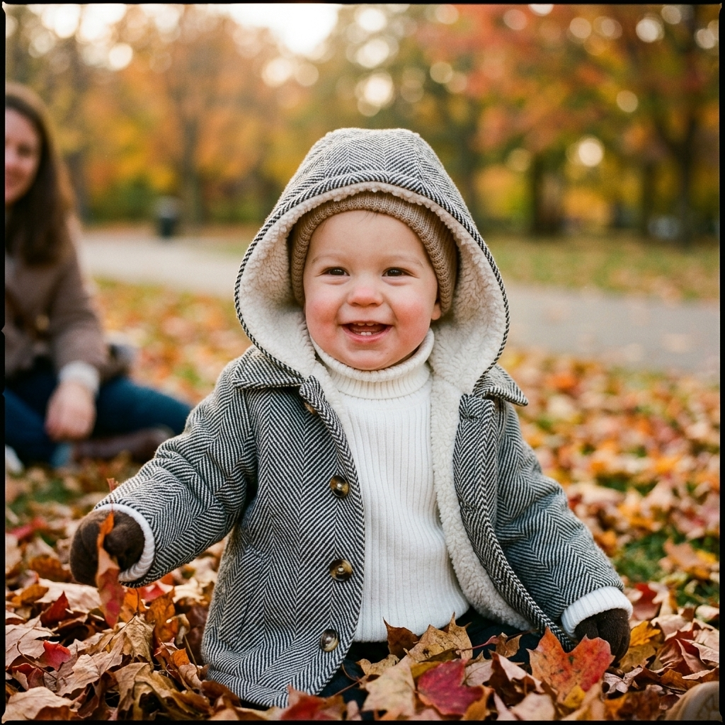 Baby in a warm fleece-lined hooded coat outdoors on an autumn day