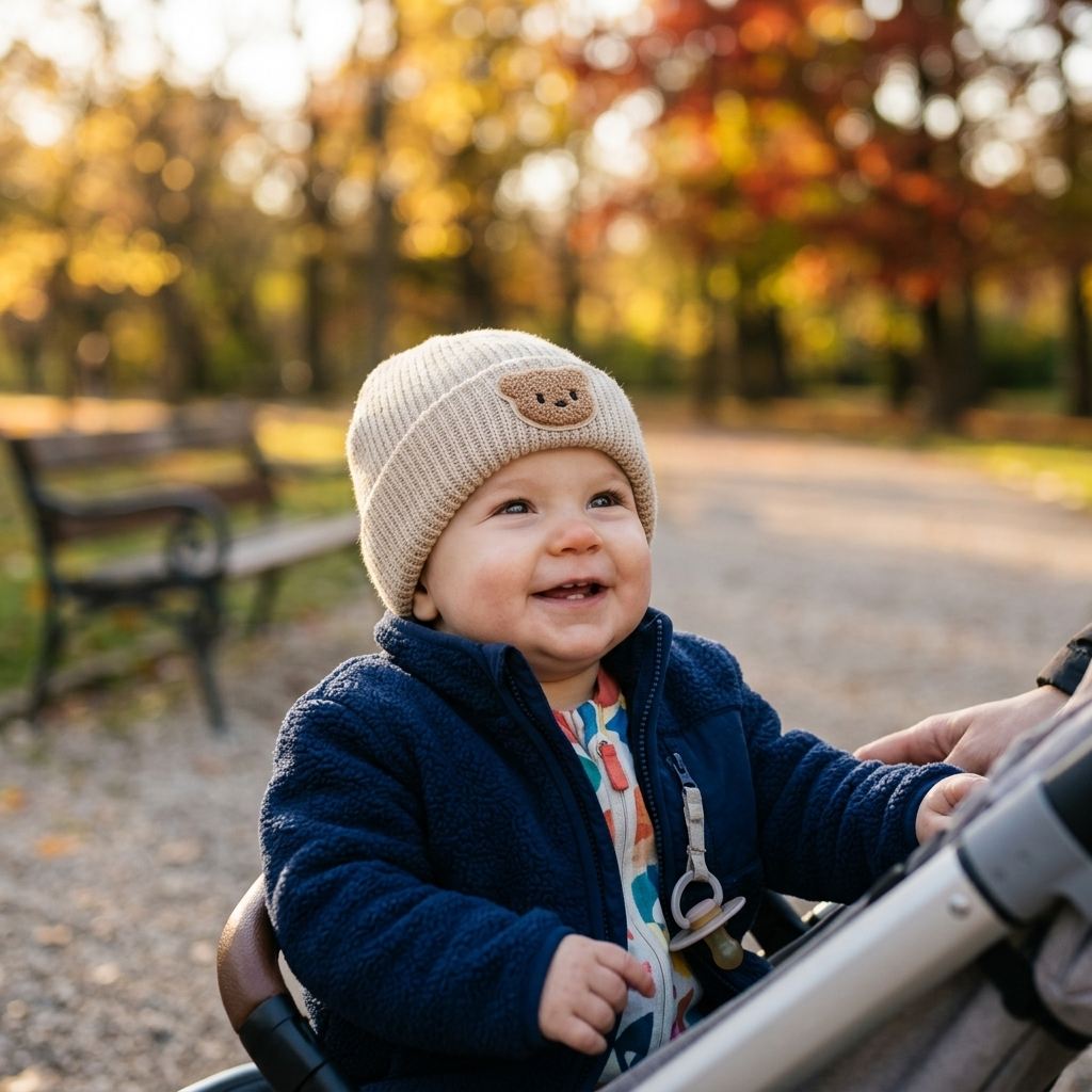 Baby in a soft knitted beanie outdoors on a cool day