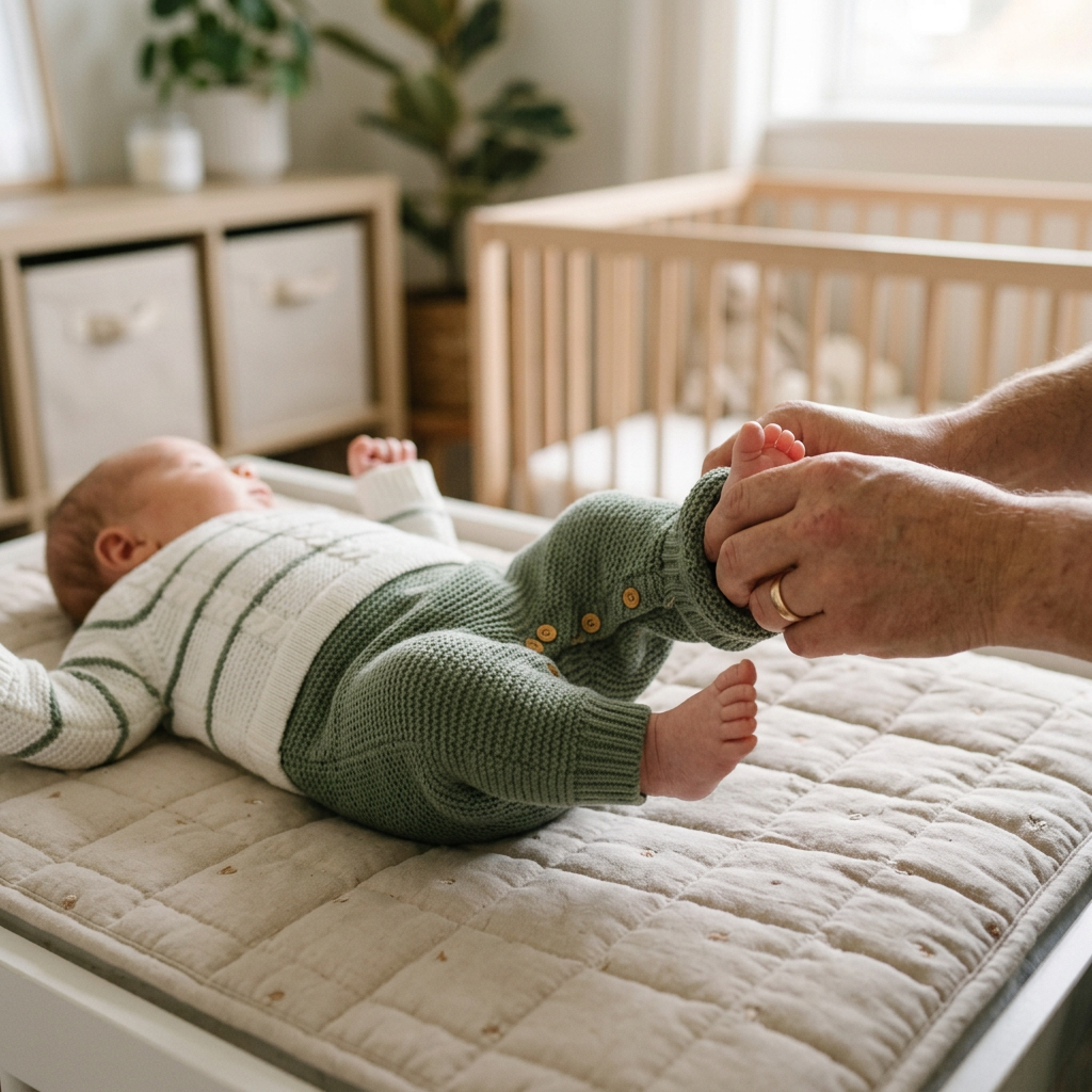 Parent gently dressing a newborn in a knitted striped footed romper