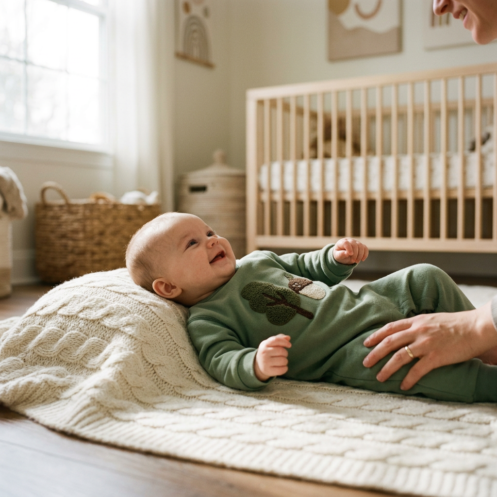 Baby in a cozy warm fleece long-sleeve jumpsuit on a knit blanket