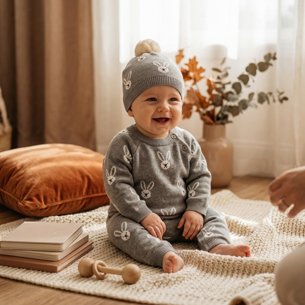 Baby in a cozy soft-knit romper and matching knit hat on a blanket