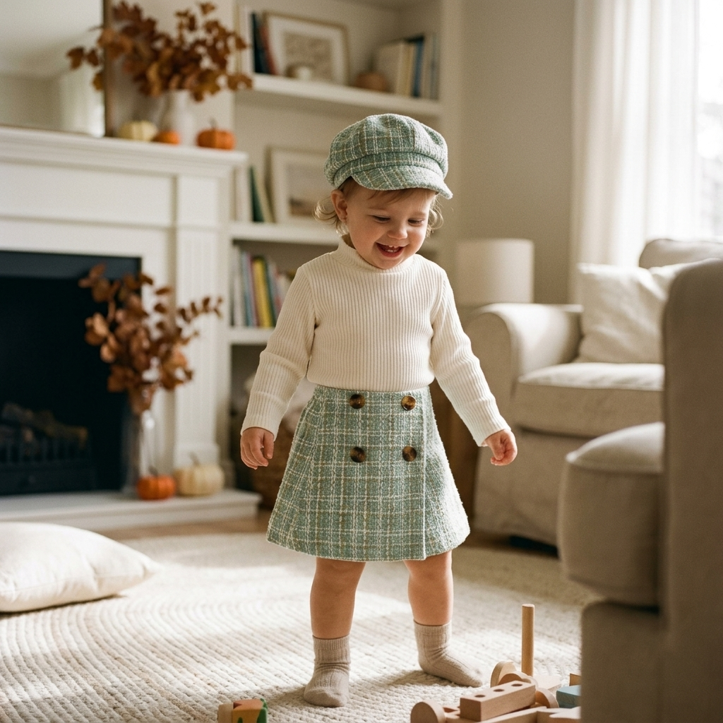Toddler in a cozy knit top, plaid skirt and matching hat playing at home