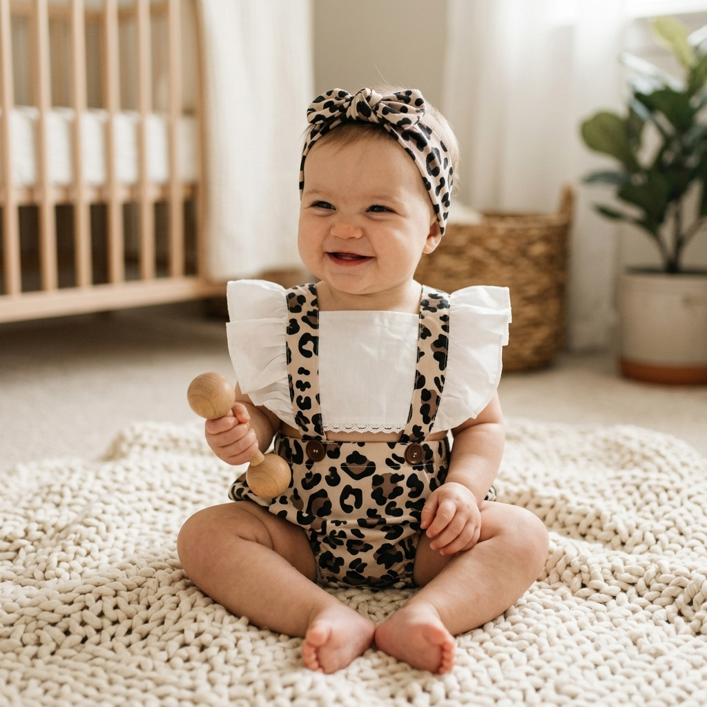 Baby sitting on a cream knit blanket in a soft leopard-print romper with matching headband