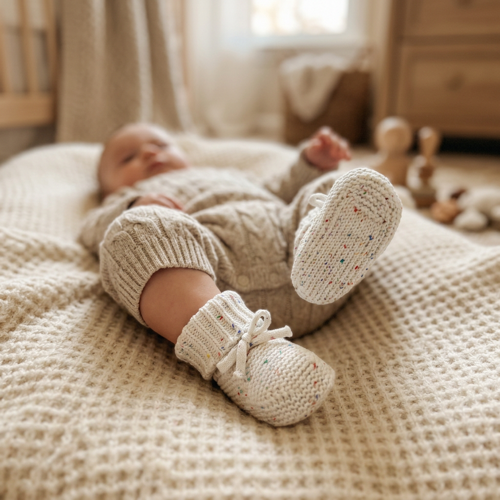 Baby lying on a blanket wearing cozy knit booties with a ribbed ankle cuff