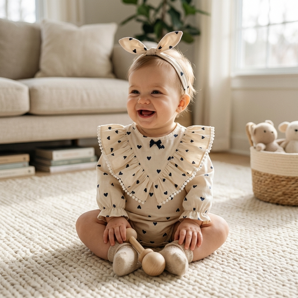 Baby sitting on a rug in a simple everyday cotton pullover onesie