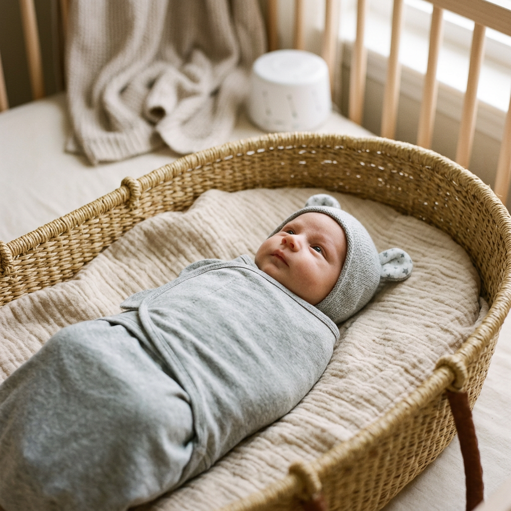 Peaceful newborn wrapped in a soft swaddle with a matching knit hat resting in a bassinet