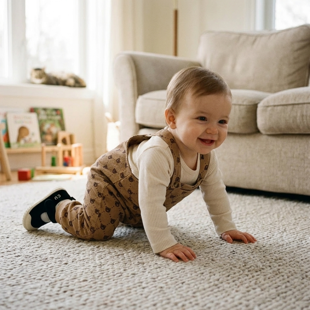 Baby crawling on a rug in comfy loose strap overalls with knees covered