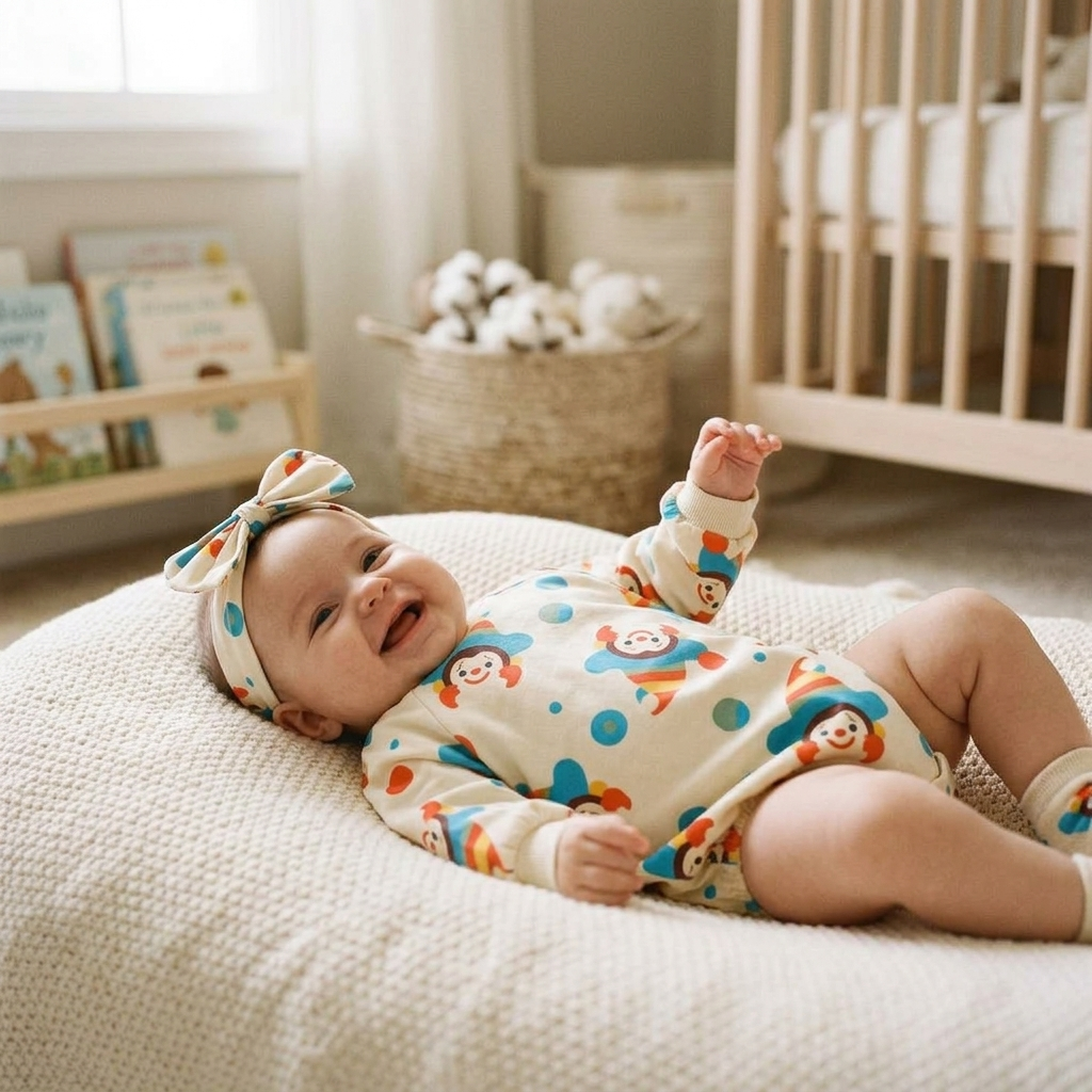 Baby lying on a blanket in a long-sleeve cotton bodysuit with a small headband
