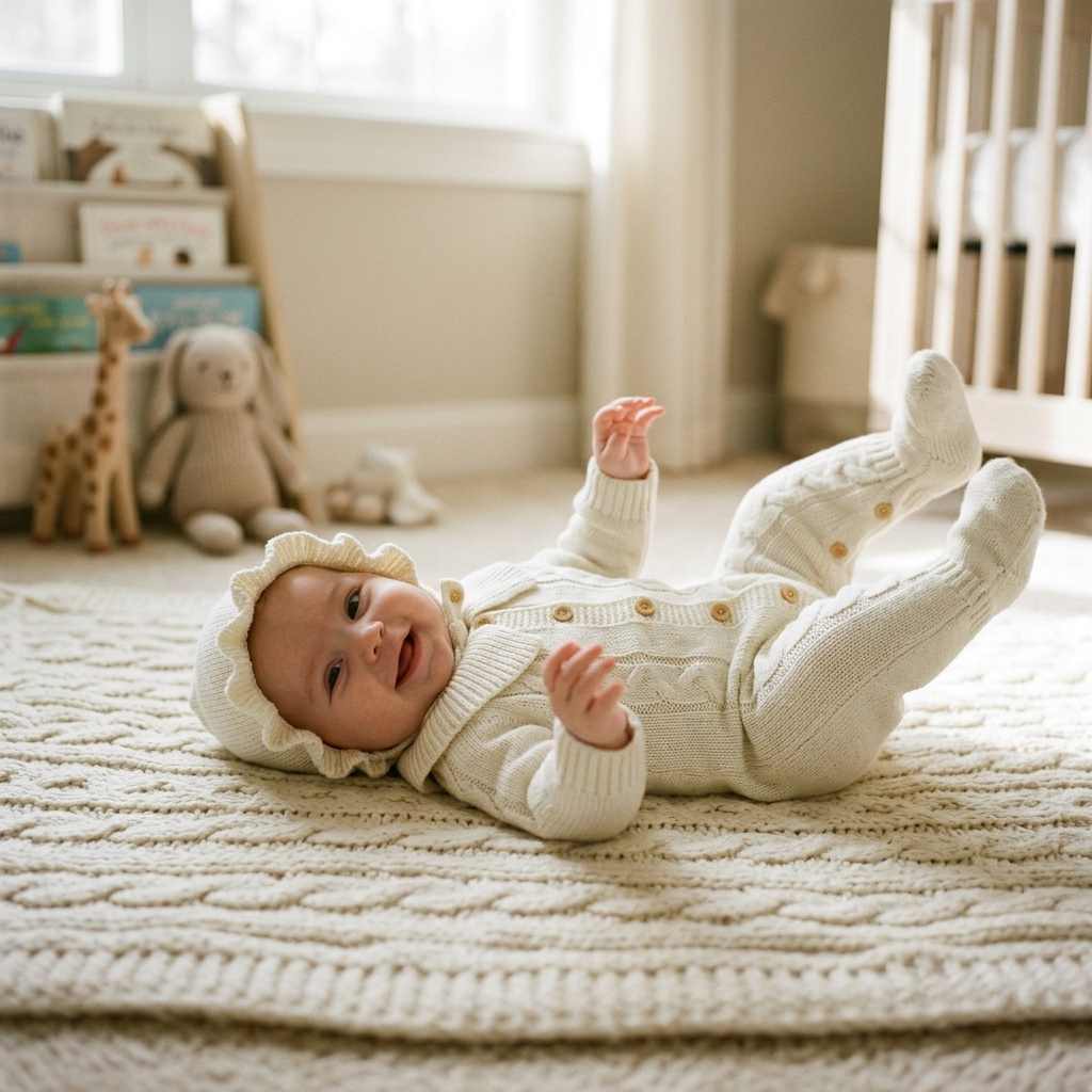 Baby lying on a blanket in a cozy one-piece knit romper with a matching hat