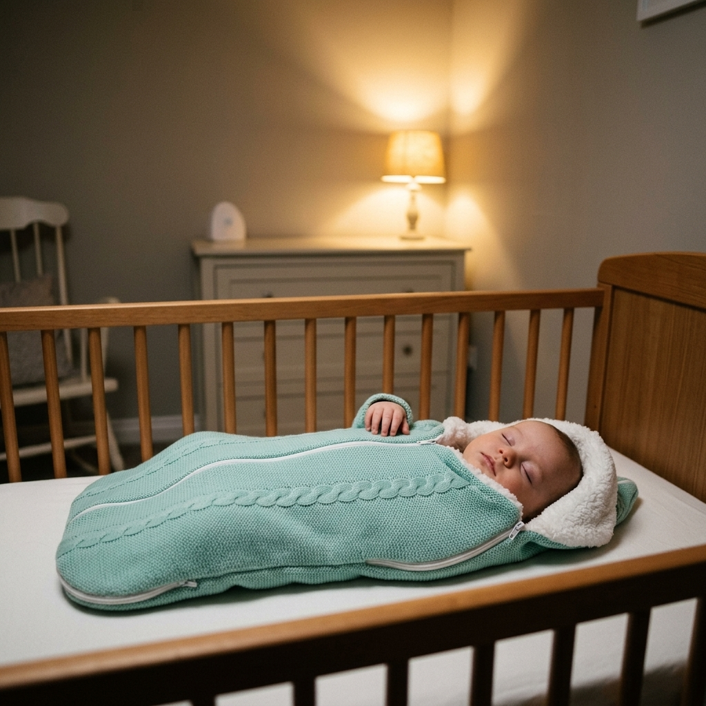 Peaceful baby resting on their back in a crib in a cozy wearable sleep sack with no loose blankets