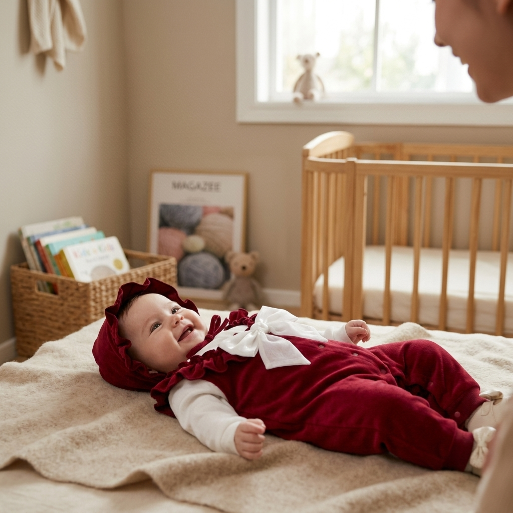 Baby lying on a blanket in a velvet-lined jumpsuit with a matching soft bonnet