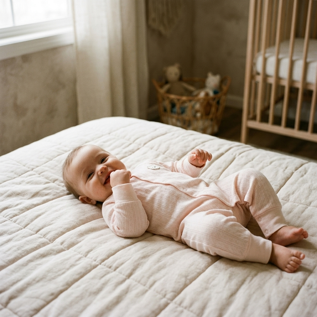 Baby lying on a blanket in a clean white lightweight cotton sleepsuit