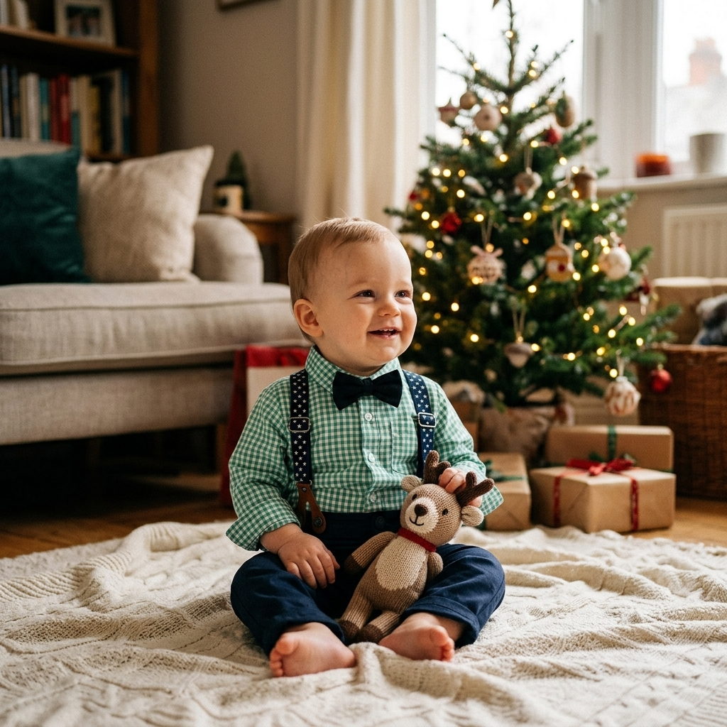 Baby in a cozy two-piece plaid outfit sitting near a softly blurred Christmas tree