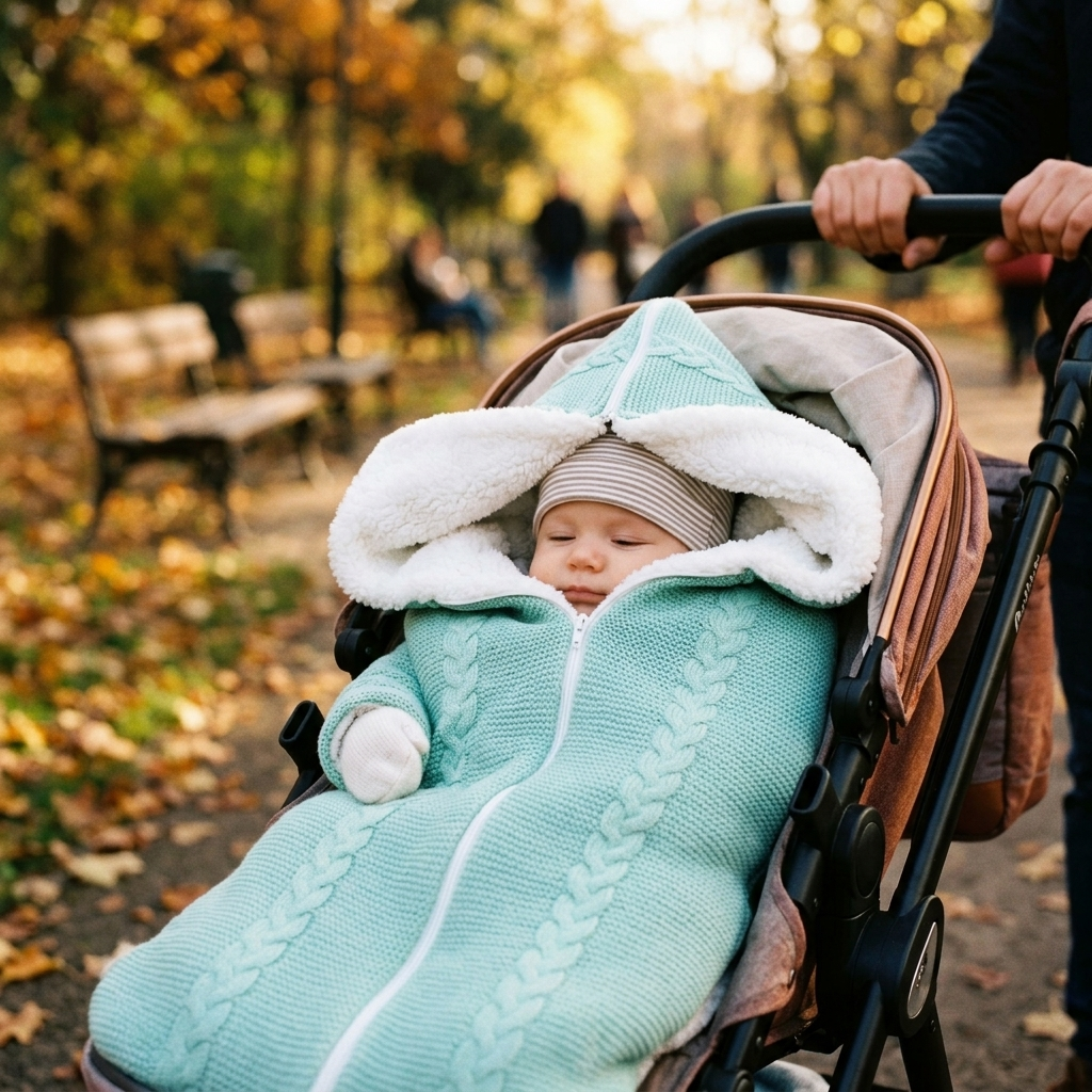 Baby snugly tucked into a cozy velvet-lined stroller sleep sack outdoors
