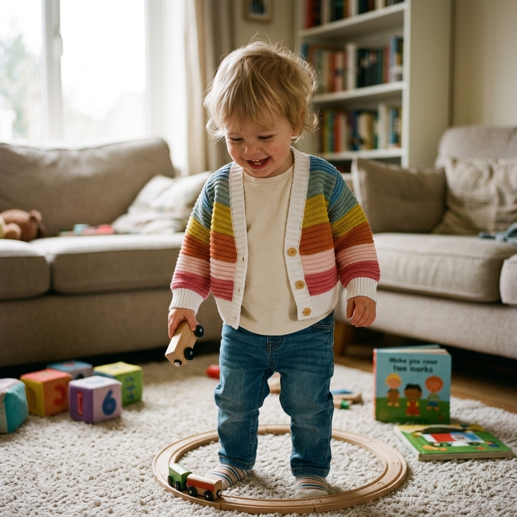Toddler standing and playing at home in a soft knitted rainbow cardigan