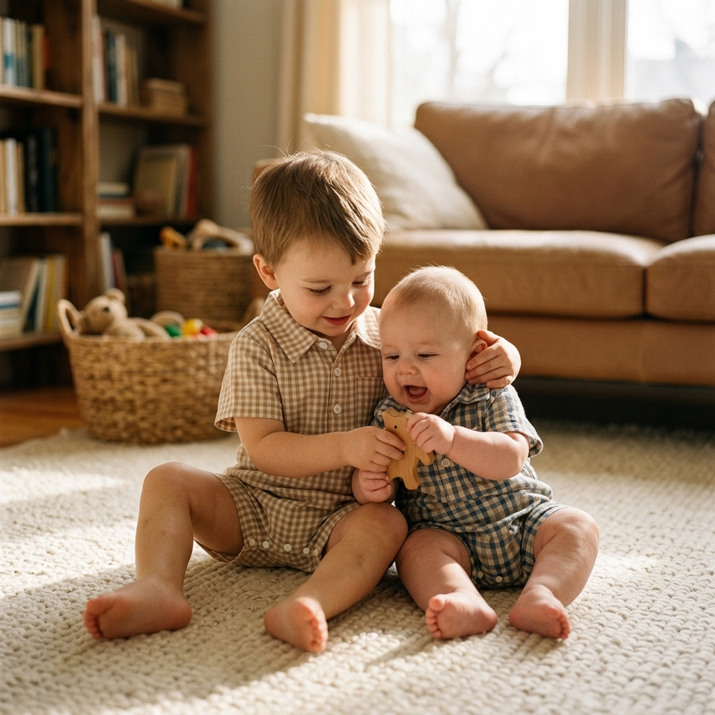 Toddler and baby sibling sitting together in coordinating plaid tones