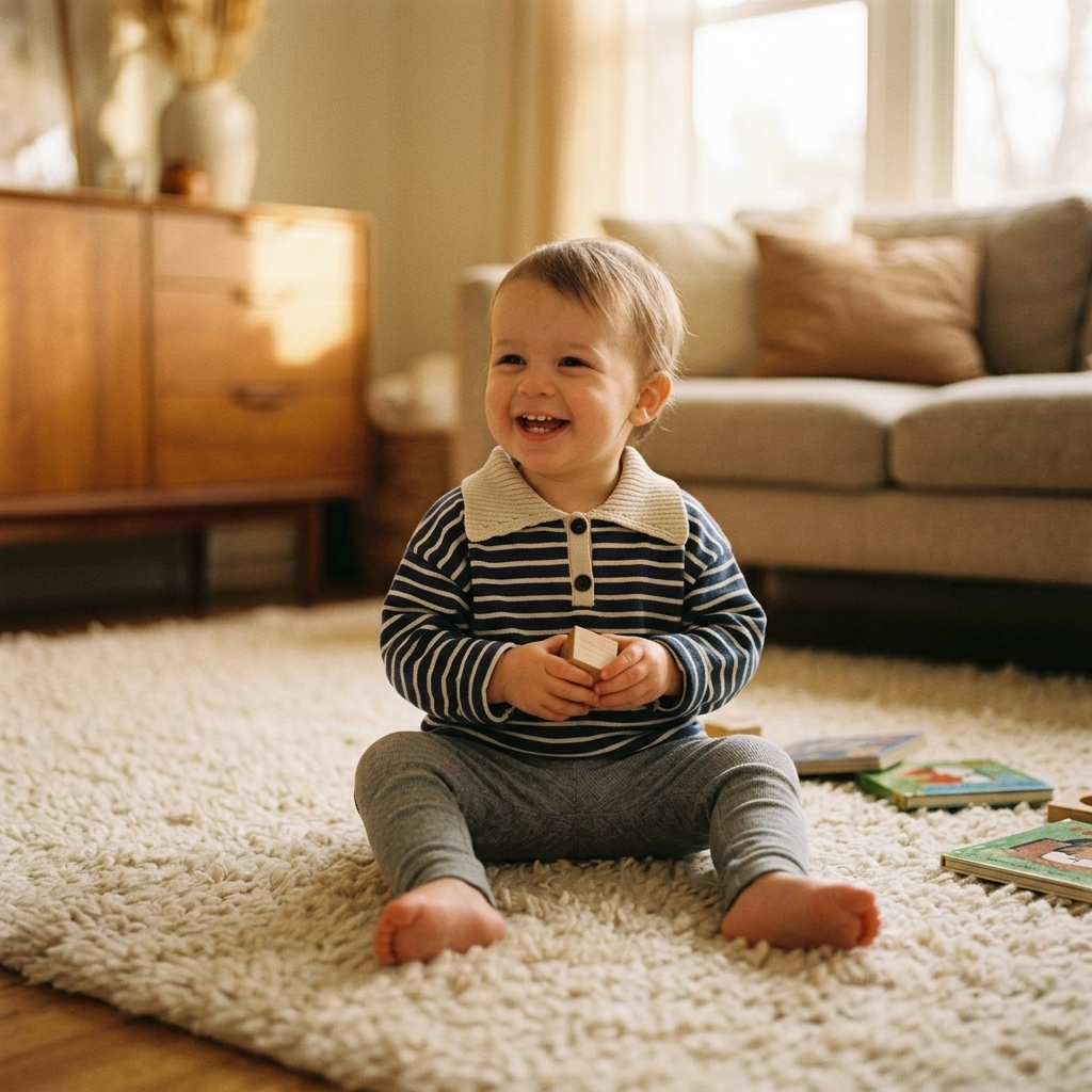 Toddler sitting on a rug wearing a striped knit polo sweater