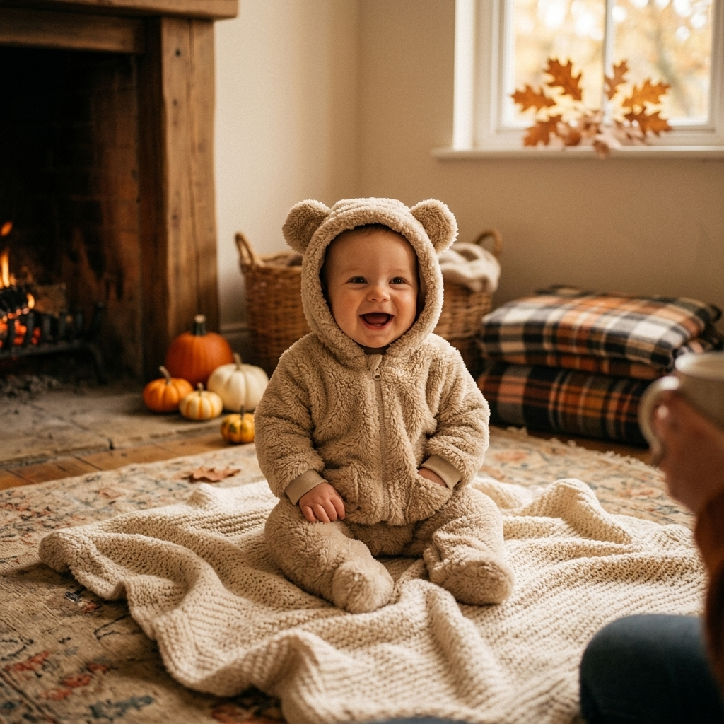 Baby sitting on a blanket in a cozy hooded bear-ear fleece jumpsuit near softly blurred pumpkins
