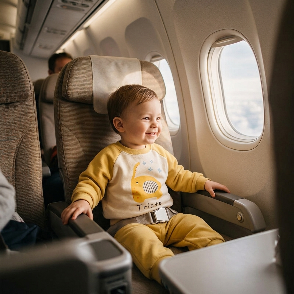 Toddler sitting on an airplane seat wearing a cozy two-piece sweatshirt and jogger set