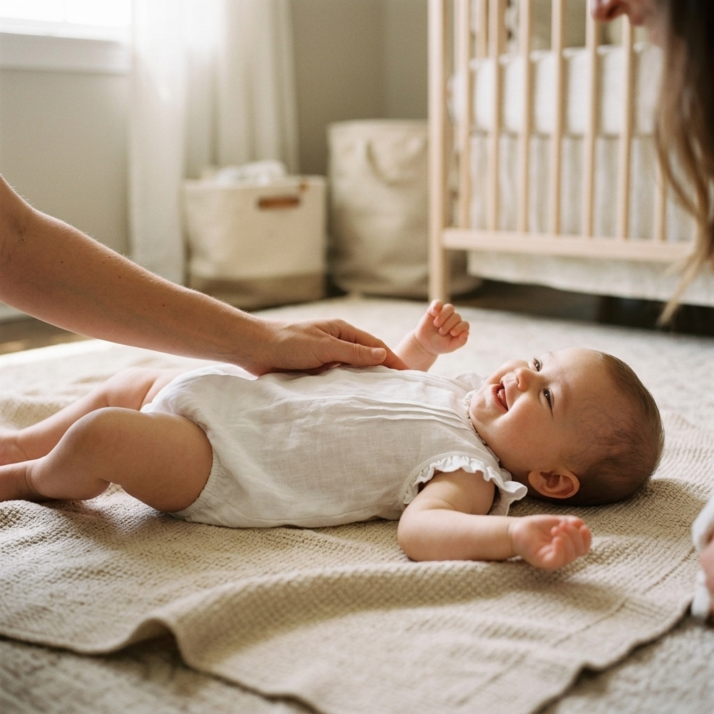 Baby lying on a blanket in a lightweight sleeveless linen romper, parent checking the back of baby's neck