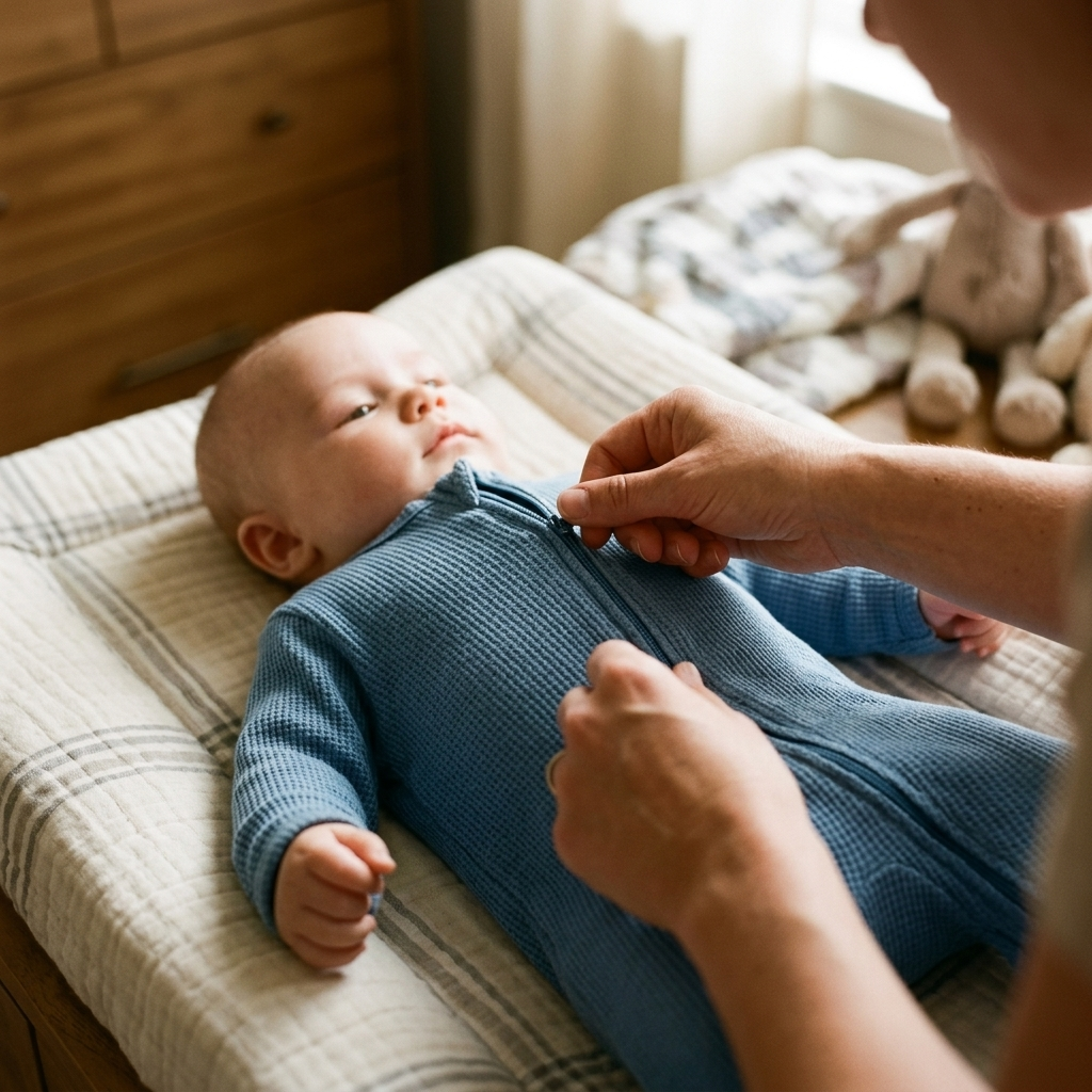 Parent's hands zipping up a soft waffle-knit footed sleepsuit